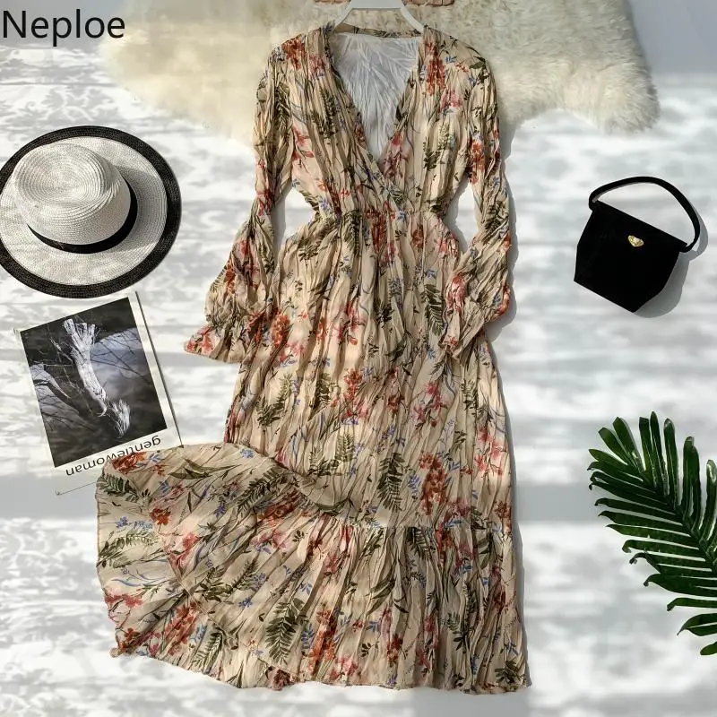 Nepole 2019 летнее корейское плиссированное платье с высокой талией женское