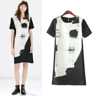 2015 New arrival Ladies' Elegant cute black white print dress vintage O-neck short sleeve casual slim brand design | Женская одежда