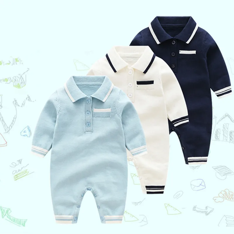 

Baby Boys Cotton Knitted Clothes Newborn Long Sleeve Rompers Spring Turn-Down Neck Toddler One Piece Children Outfits Jumpsuits