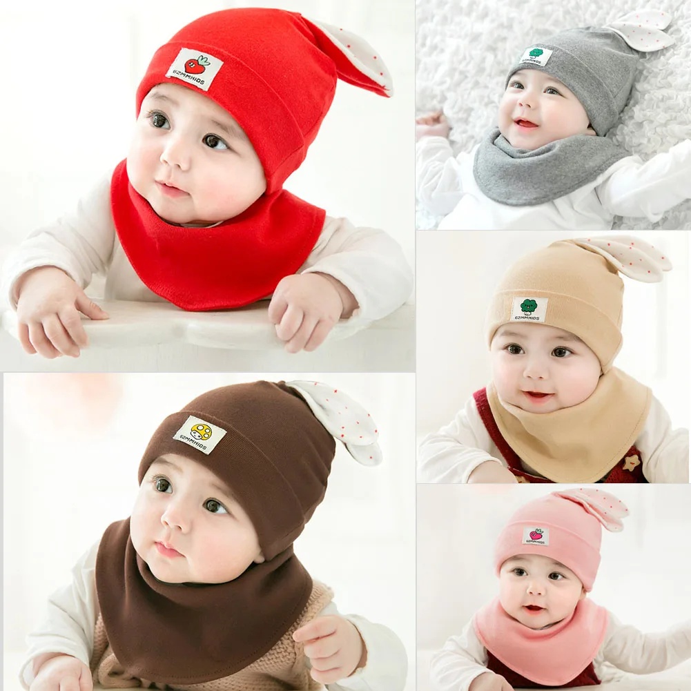 CANIS Bbay Hats Cotton Baby Hat With Scarf Rabbit Ear Autumn Winter Children Accessories Set | Детская одежда и обувь