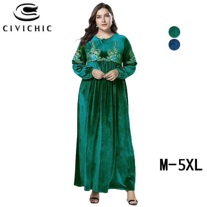 CIVICHIC Plus Size Winter Robe Femme Ethnic Floral Embroidery Maxi Dress Retro Elegant Women Gown Flannel Velvet Vestidos DRS224 | Женская