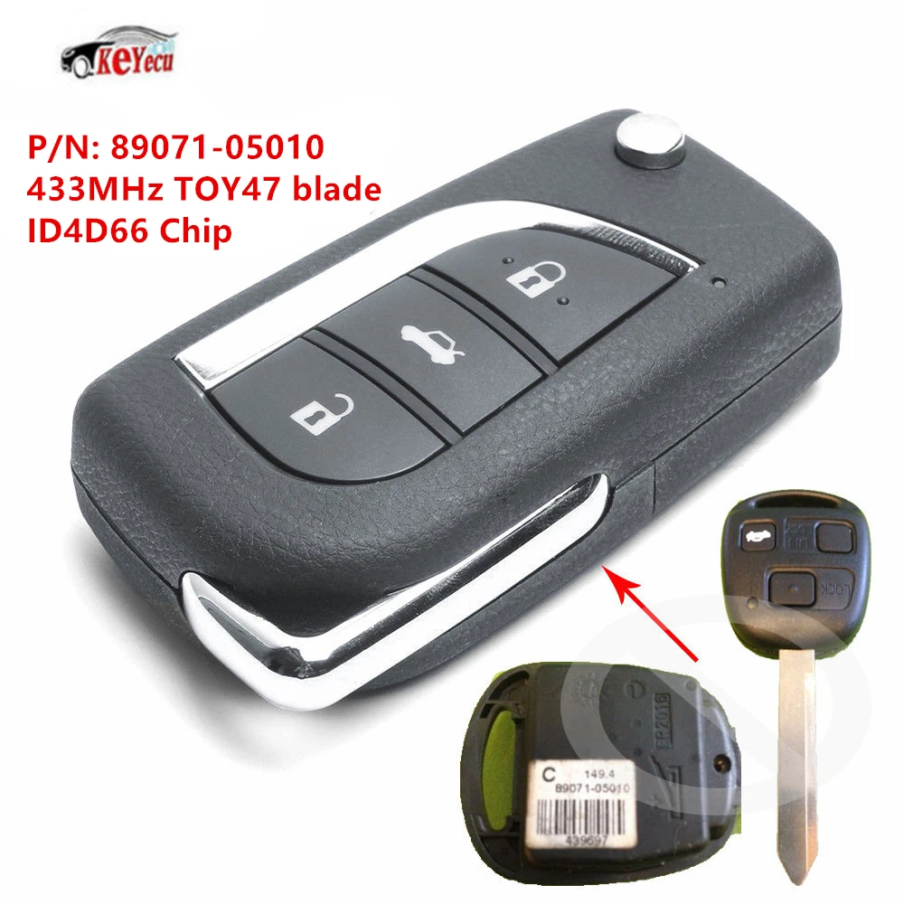 KEYECU 2 предмета Модернизированный дистанционного брелок 434 МГц ID4D66 чип для Toyota Yaris Avensis Corolla Carina и т. д. P/N: 89071-05010 TOY47 лезвие