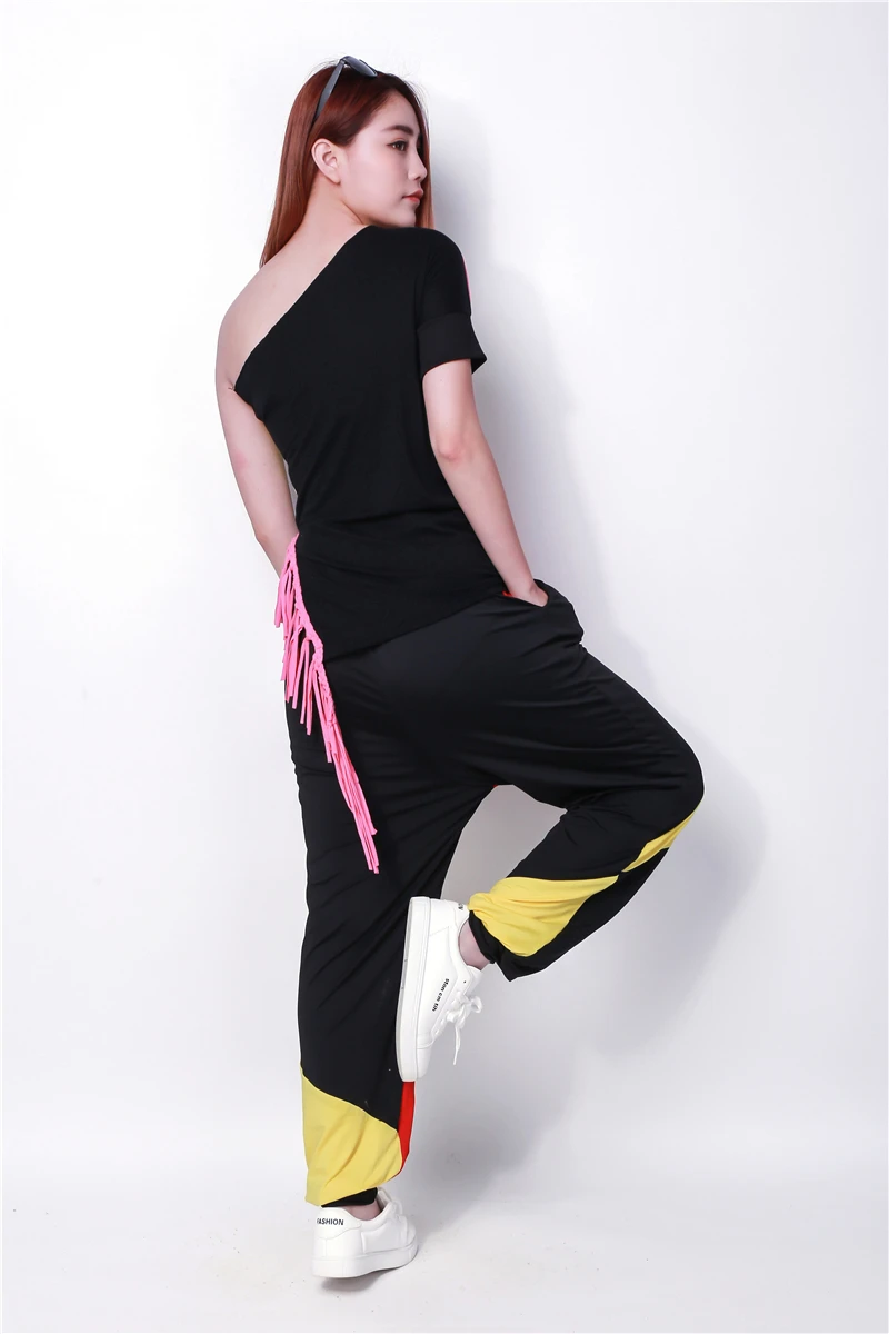 

New Fashion Brand hip hop top dance female Jazz ds costume performance wear patchwork Tassel Sexy oblique neon tassel t-shirt