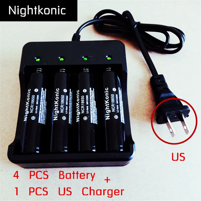 Оригинальная Nightkonic 4 шт. 18650 Батарея 3,7 в литий-ионная аккумуляторная батарея черный плоский верх+ 1 шт.(ЕС/США) 2/4 слот зарядное устройство