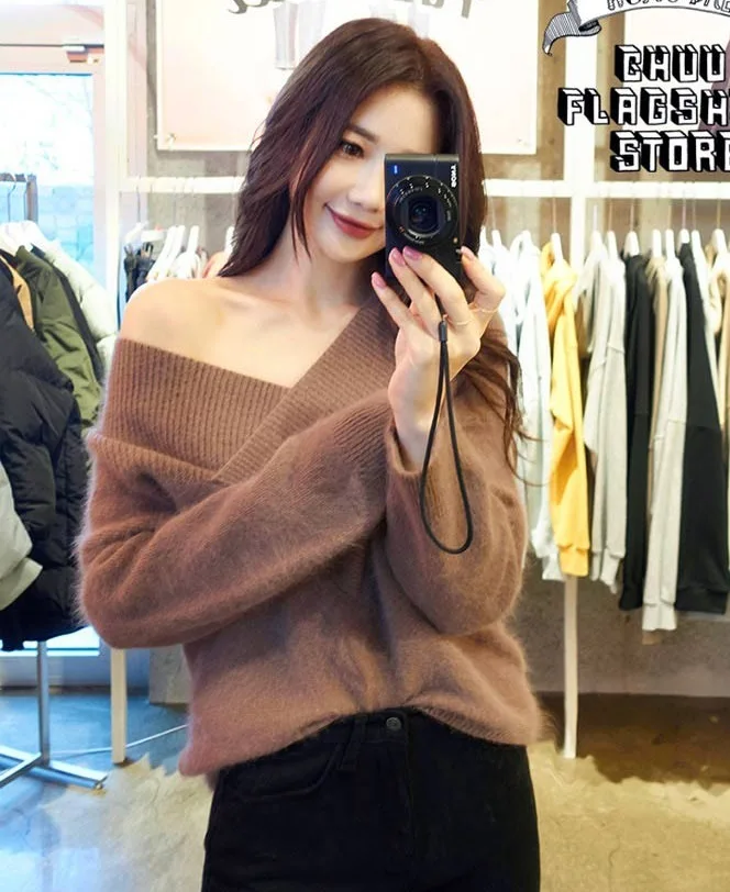 Autumn winter women pullovers long sleeve casual sweater Mink Cashmere women's v-neck strapless knitwear | Женская одежда