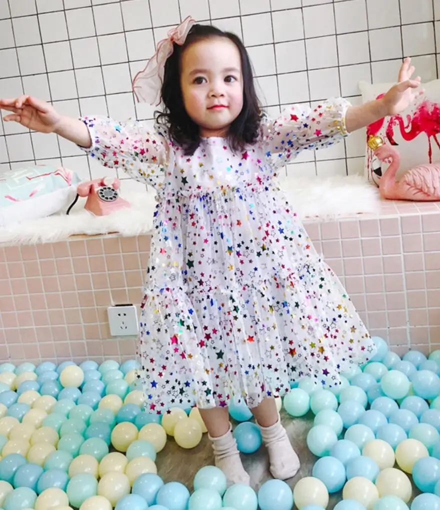 2018 модные Обувь для девочек детское платье с длинным рукавом Star Блёстки платья