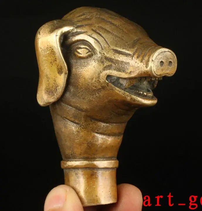 Коллекционная старинная ручная литая латунная свинья статуя костыль трость