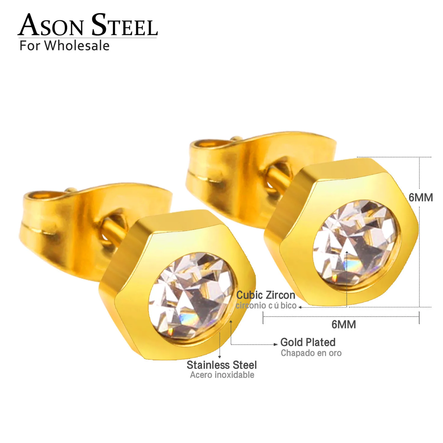 Серьги гвоздики из нержавеющей стали ASONSTEEL Top 316L многоугольные круглые