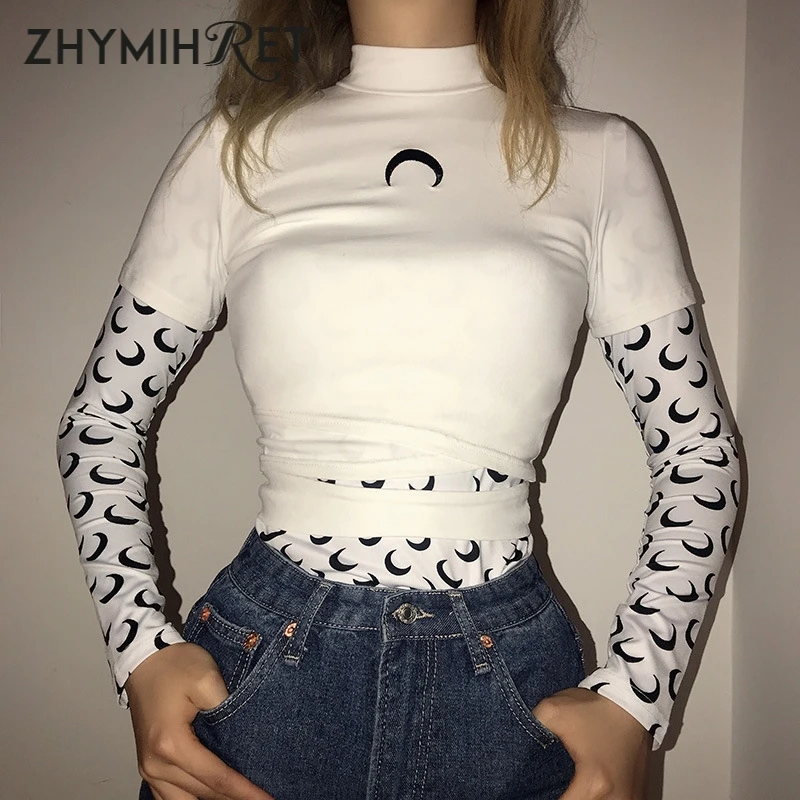 Женская футболка с принтом Луны ZHYMIHRET белая длинным рукавом женская Ulzzang топы Camisas