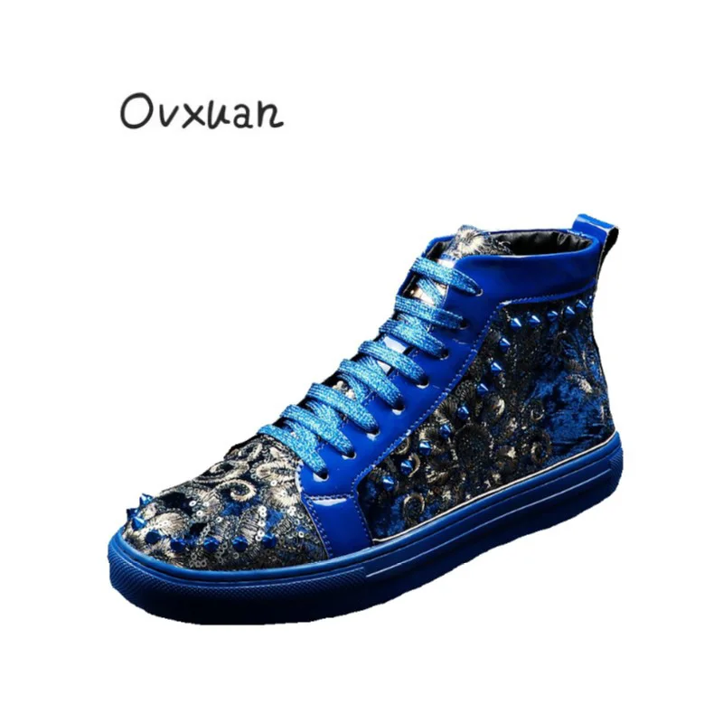 

OVXUAN All Blue Dress Boots men Velvet Sequin Studded Rivet Shoes Banquet Prom Party Mens Ankle Boots Hip Hop Flat Botas hombre