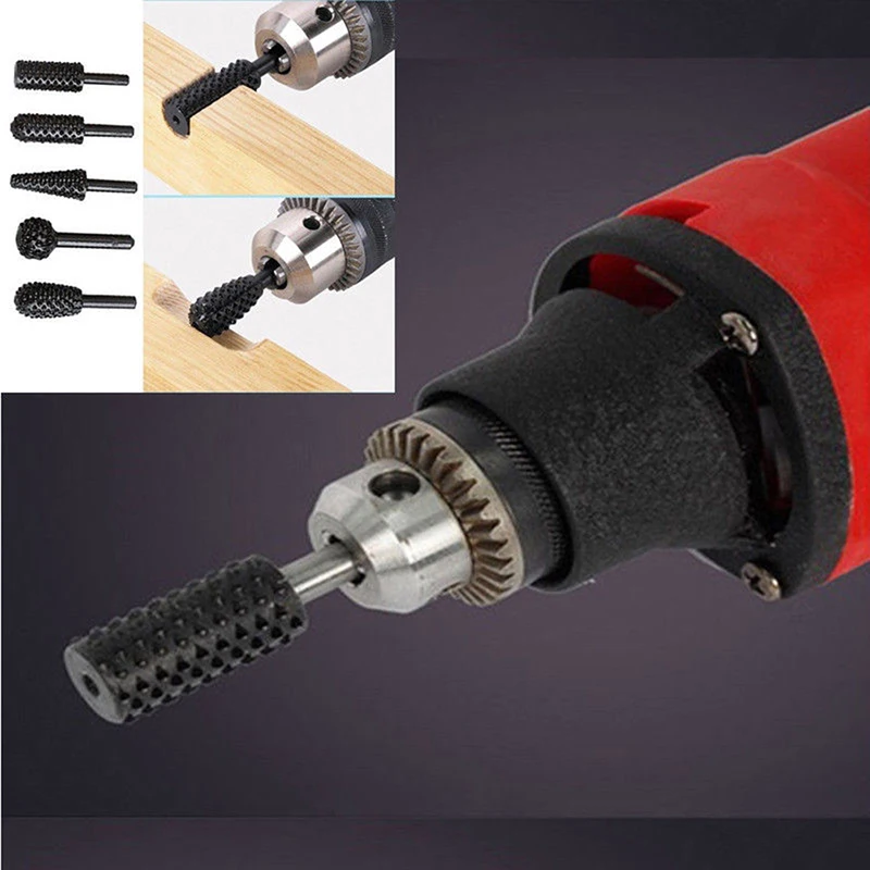 

5pcs 6.35mm(1/4")round shank Rotary Burr Set Wood Rasp File Drill Bits Rotary Rasp Set for Woodworking Carving Artifact Tool