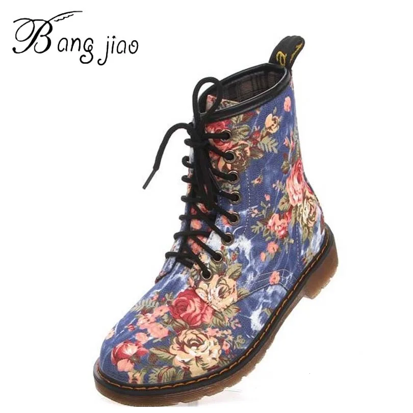 

2019 Vintage Spring&Autumn Print Floral Canvas Boots Shoes Woman Fashion Round Toe Low Heels Women Ankle Boots botas mujer