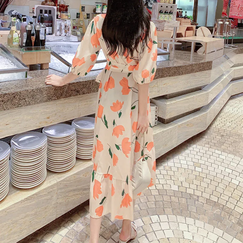 Женское шифоновое платье с цветочным принтом V образным вырезом и рукавом