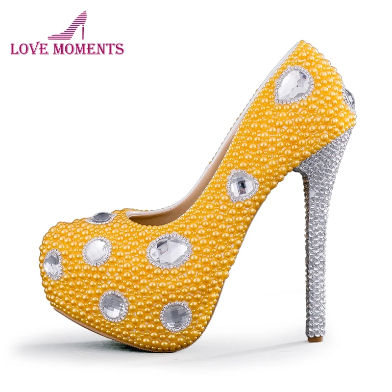 

Yellow Color Honeymoon Shoes Pearl Platforms Wedding Party Pumps with Silver Rhinestone Heel Bridal Dress Shoes Plus Size 45