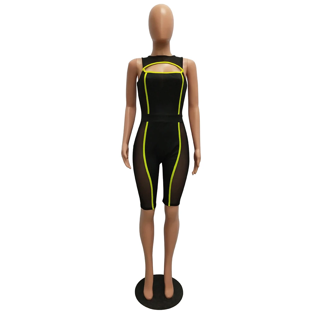 

Adogirl Sexy Sheer Mesh Patchwork Jumpsuit Women Casual Sleeveless Hollow Out Fluorescent Color Bodycon Shorts Rompers