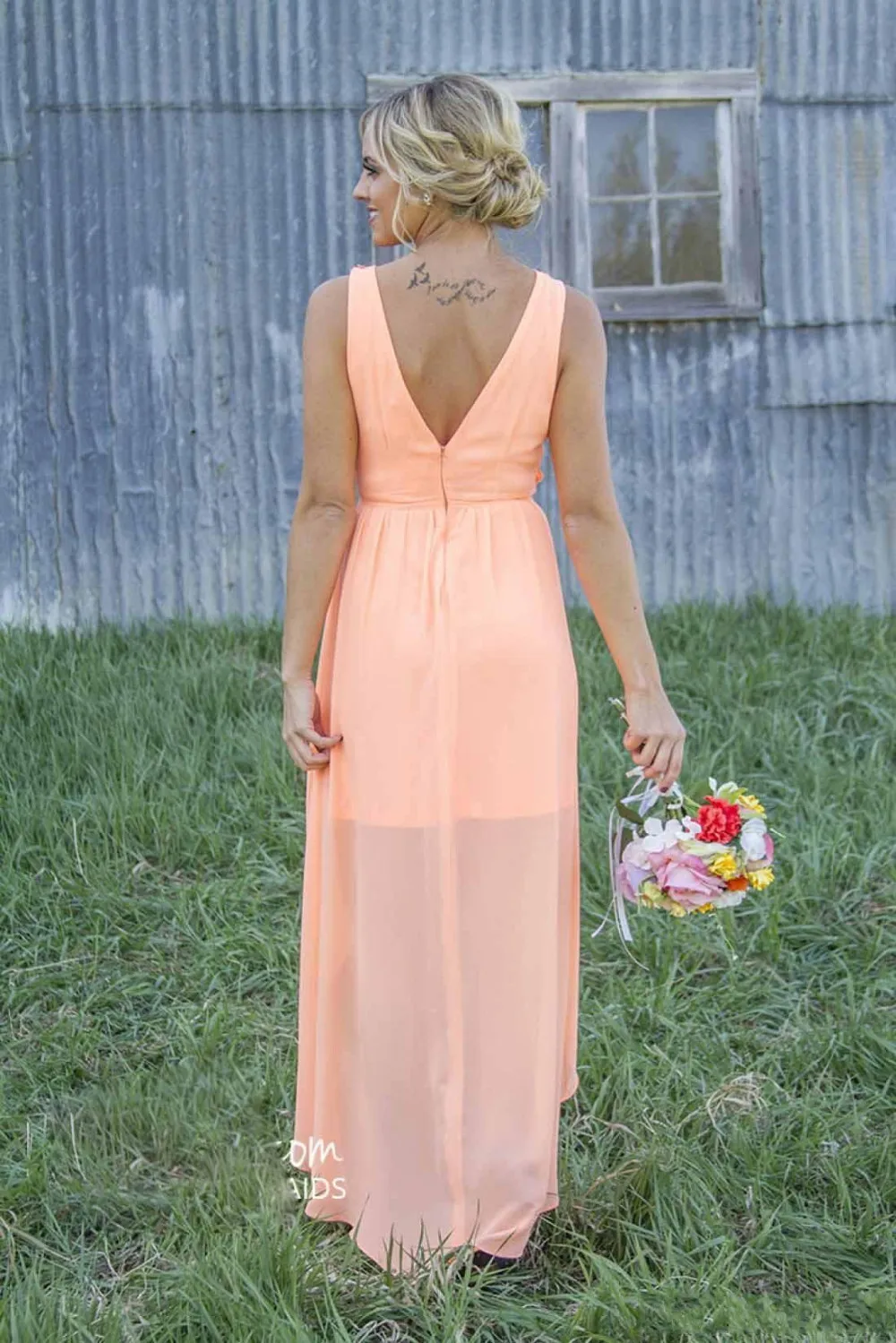 Страна Коралловые Цветные Платья Невесты Шифон Спинки Высокий Низкий Maid of Honor