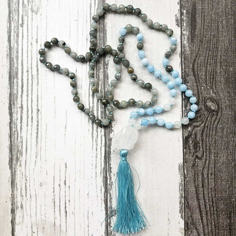 108 Mala Beads ювелирное изделие с узлом ожерелье необработанным кварцем Лабрадорит