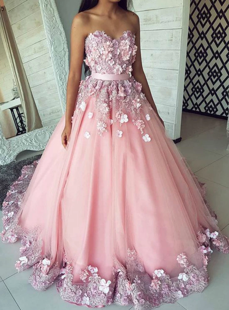 

Pink Flowers Sweetheart Quinceanera Dresses Ball Gown Tulle Strapless Floor Length Vestidos De 15 Anos Sleeveless Prom Gown 2019
