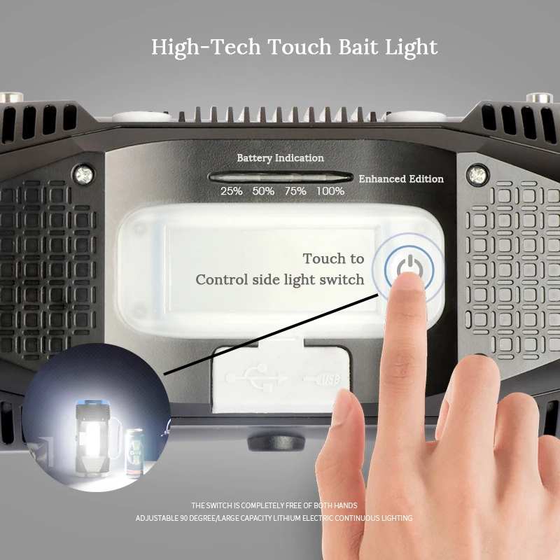 구매 다기능 LED 탐조등 손전등, 낚시 라이트, 듀얼 광원, 내장 충전식 리튬 배터리, 4 조명