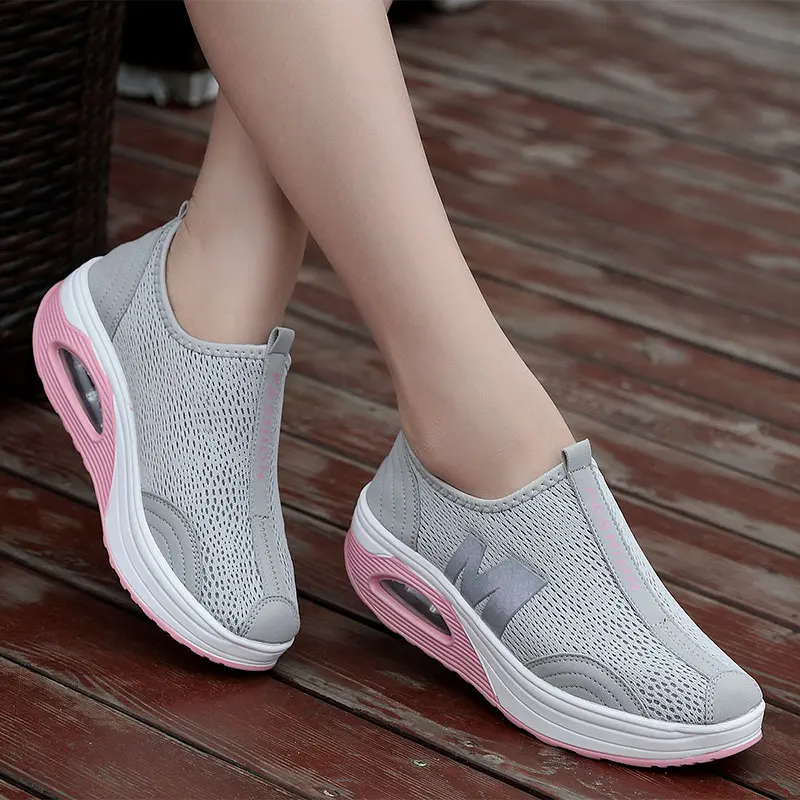 

MWY Outdoor Walking Sport Shoes Women Breathable Mesh Rocking Sneakers Zapatillas De Mujer Air Cushion Platform Athletic Shoes//