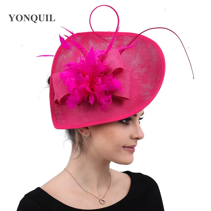 Розово-красный Vintage Army green kenducky derby fascinator hair hats for elegant women wedding church occasion accessories feathers headpieces - Цвет: Розово-красный