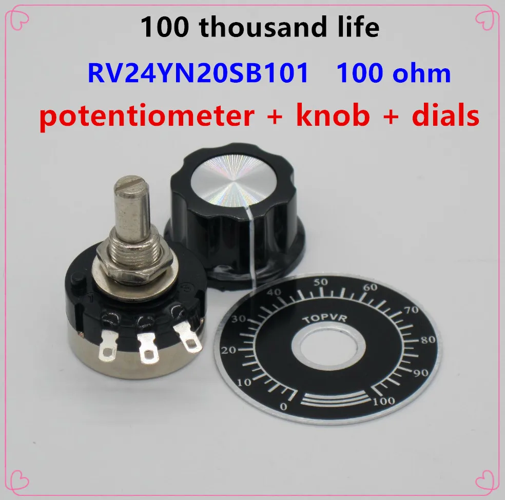 2pcs RV24YN20S B101 100 ohm Carbon film potentiometer single-turn potentiometer + 2pcs A03 knob + 2pcs dials