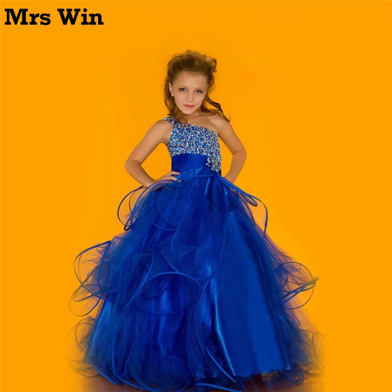 Пышные платья для девочек с одним плечом синие красивые Украшенные бусинами