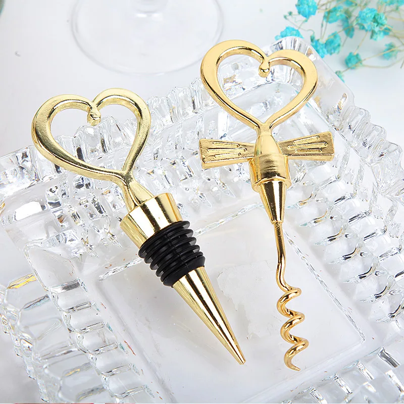 

Free Shipping 100 Pairs Gold couple hearts shaped wine beer bottle opener&stopper wedding party favor guest gift wedding supply