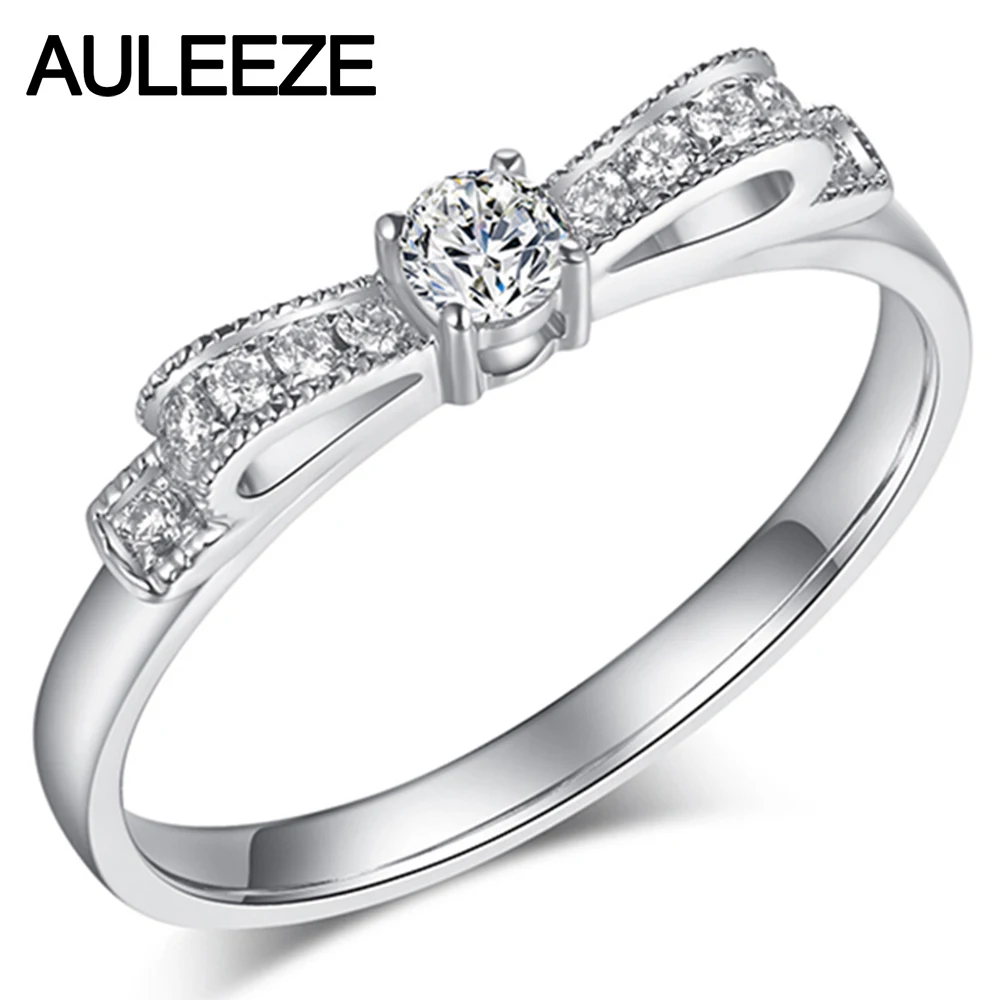 

AULEEZE Diamond Jewelry Solid 18k 750 White Gold Ring Natural Diamond Bowknot Design Ladies Wedding Band Stackable Promise Ring