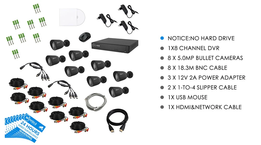 MOVOLS 5MP HD камера безопасности Система 8CH H.265 DVR для наружного и внутреннего видеонаблюдения Комплект ночного видения Водонепроницаемая система видеонаблюдения