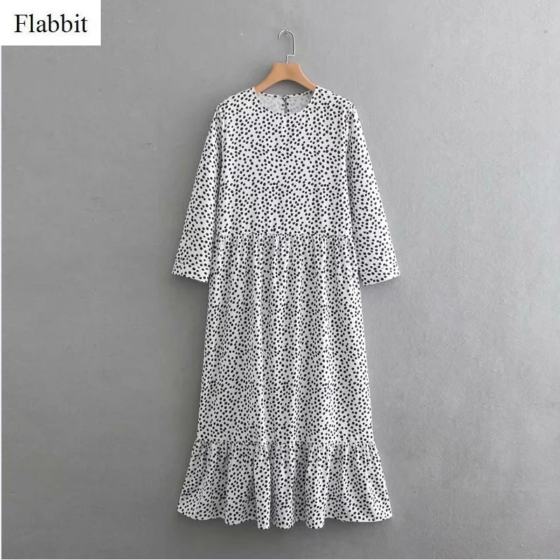 Flabbit женское милое повседневное Свободное длинное платье в горошек с круглым