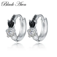black awn silver color flower engagement hoop earrings for women black spinel stone jewelry bijoux t166