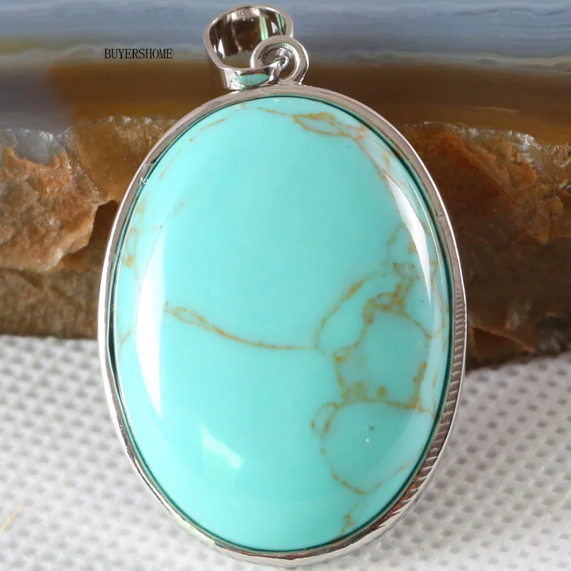 Green Turquoise 1 шт. 31 цвет 35x25 мм Серебряный кулон Овальный натуральный камень Бусины Подходят Ожерелье Серьги для женщин Howlite Амазонит ювелирные изделия подарок - Окраска металла: Green Turquoise
