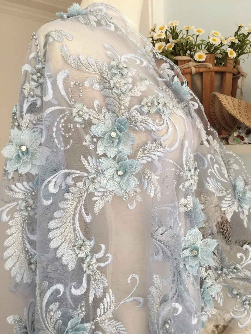 Роскошная 3D жемчужная вышитая бисером Цветочная вышивка кружевная ткань