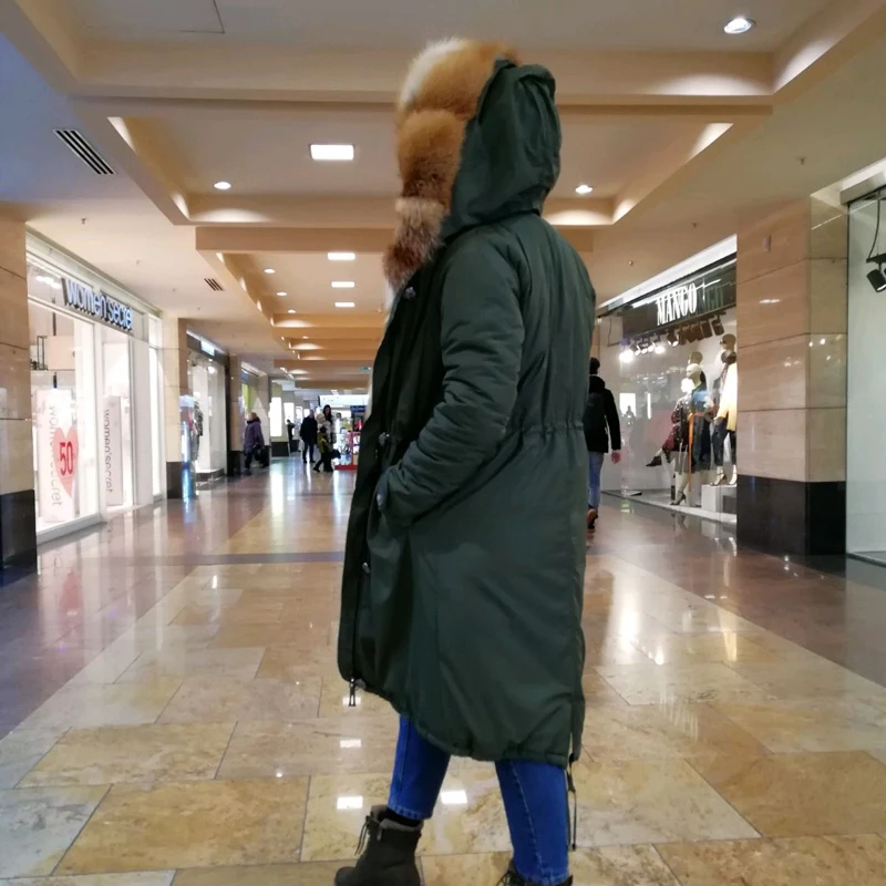 CKMORLS 2018 зимняя меховая куртка с большим красным лисьим меховым воротником Armygreen