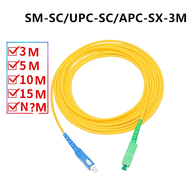 

SC/APC оптический волоконный патч-корд OS1 Одномодовый симплексный волоконный кабель ПВХ (OFNR) 3,0 мм 3 метра SC/APC для SC/UPC коннектора