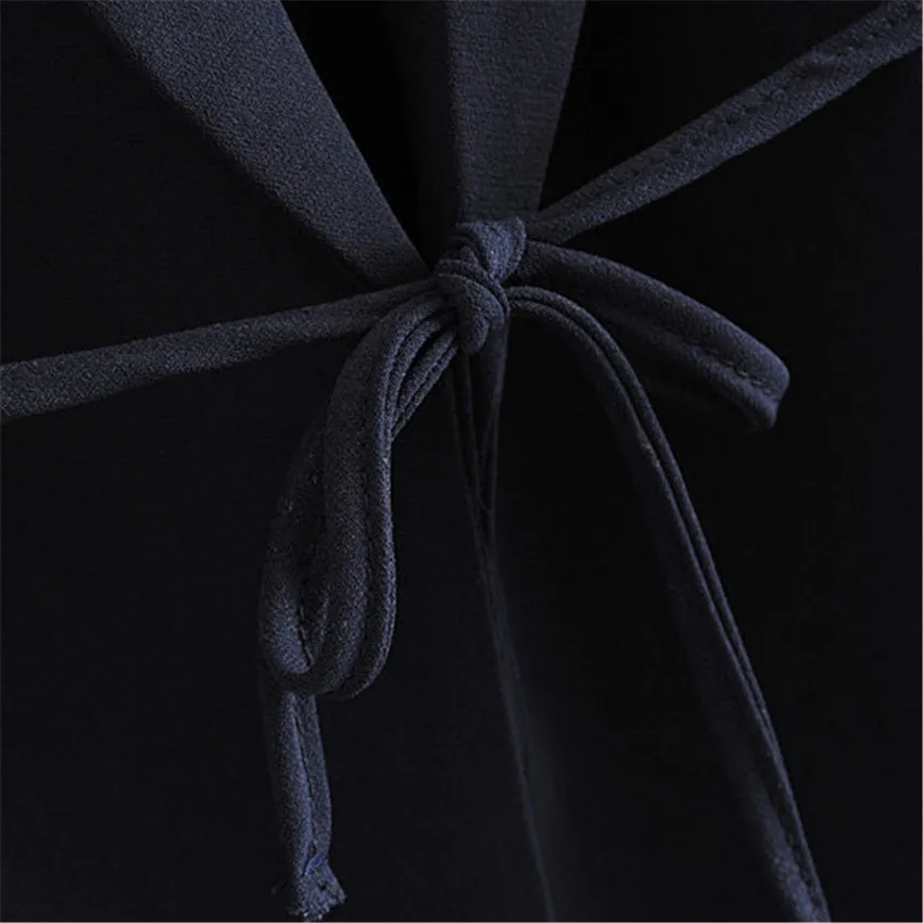 

Women vintage navy solid blazer Notched collar sashes three quarter sleeve coat casual outerwear casaco feminine tops