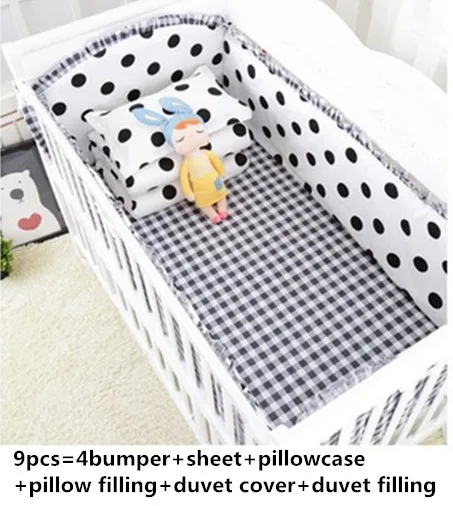 

6/9pcs dot Baby Cot Baby Bedding Set kit de berço Crib Cotton Bedclothes Bed Bumpers Bedding Set Kids blanket whole set