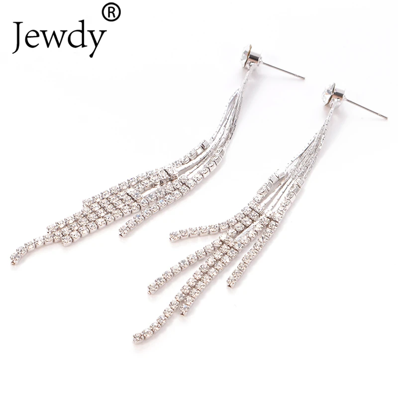 

Wedding Rhinestone Dangle Earrings Bride Jewelry Fashion Women Gold Silver Color Long Tassel Crystal Statement Earring Gift