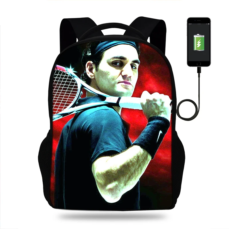 Модный принт Роджер Федерер Универсальный USB зарядка Рюкзак Мальчики Дети