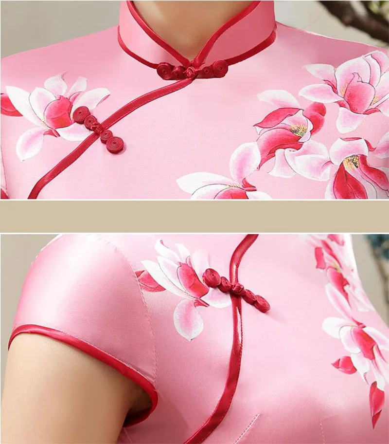 Китайский Cheongsam элегантный тонкий цветочный Повседневный винтажное женское платье Атласный Костюм Тан короткие платья s-xxl