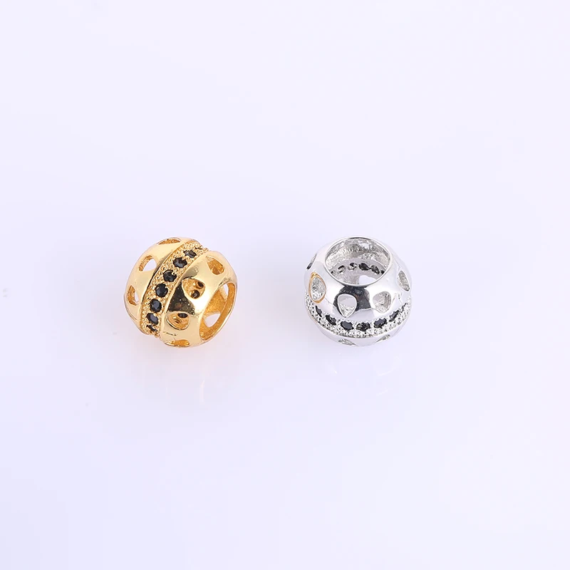 

perline DIY manualidades 8mm micro pave black CZ rhinestone big hole hollow gold black copper beads for jewelry making
