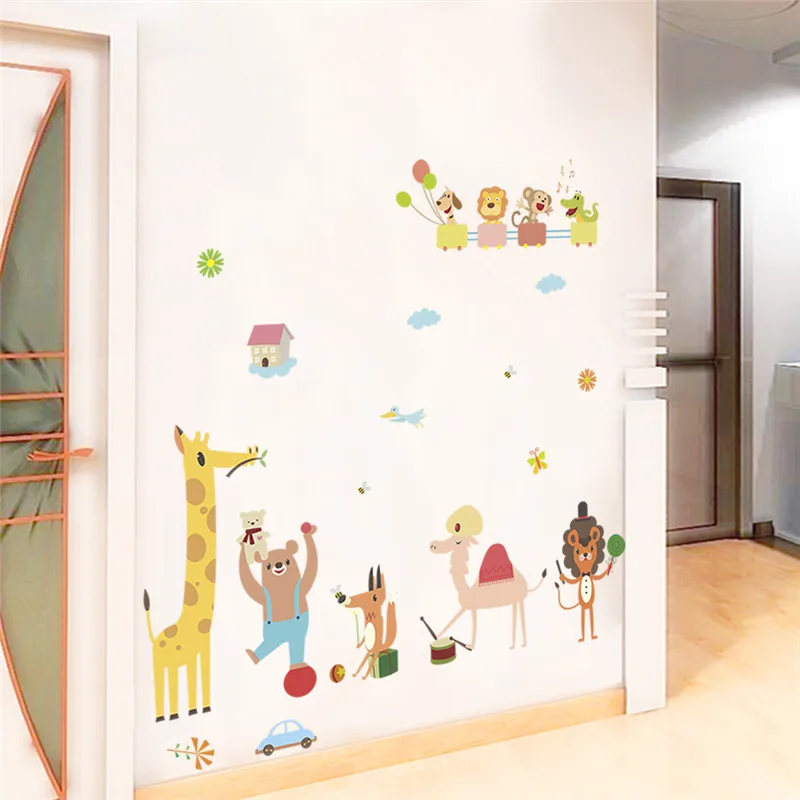 

Мультяшные милые цирковые животные, наклейки на стену для детской комнаты, украшение для дома, собака, искусство, сделай сам, наклейки, жираф...