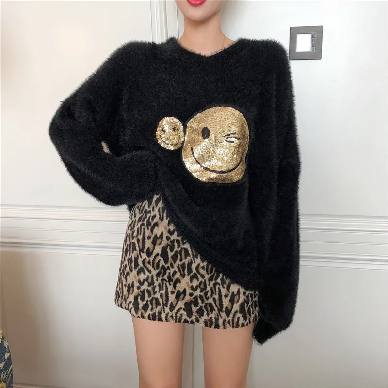 

Pullovers Women Smile Printed Simple Sweet Loose Soft Warm Korean Style Pullover Womens Daily O-Neck High Quality Sweaters Chic