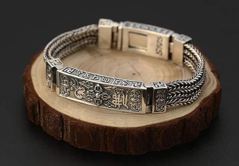 Buddha Mantra Instrument Vajra Foxtail Chain bracelets Bangle Real 925 Sterling Silver 925 Jewelry for men Bracelet B6