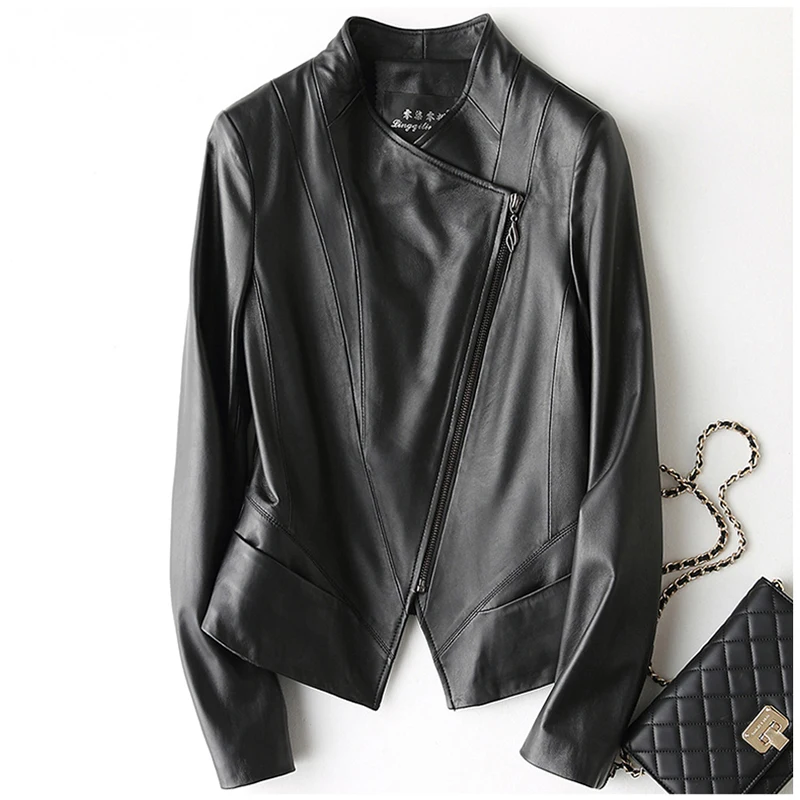 

Women Genuine Leather Jackets Female Short Slim Black Jacket Full Sleeve Sheep Skin Leather Coats Motorcyle Leather & Suede