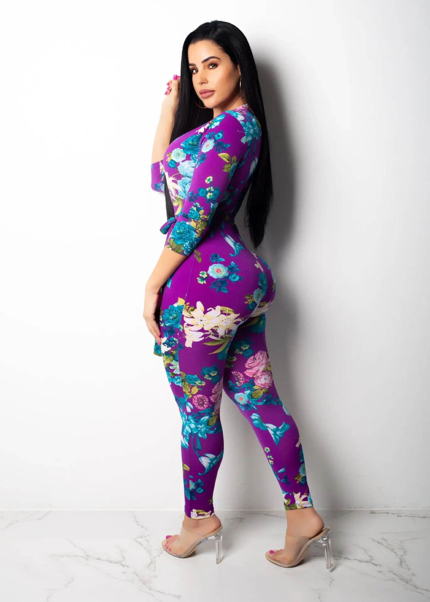 Fashion Women Summer Purple Floral Print Jumpsuit Long Sleeve Deep V-neck Sashes Party Jumpsuits Plus Size | Женская одежда
