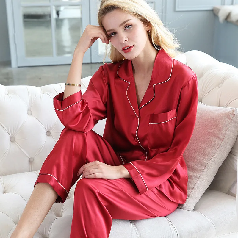 Real Silk Pajama Sets Female Summer Long-Sleeve Two-Piece 100% SILK Sleepwear Woman Soft Cool Nightwear Homewear T77166
