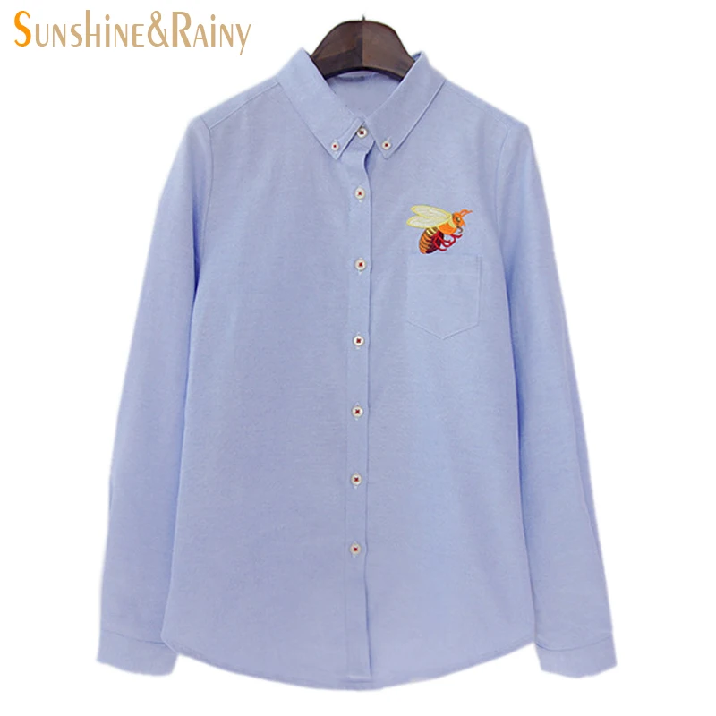 Женские рубашки с вышитым принтом кота на карманах весна 2017 новая модная белая