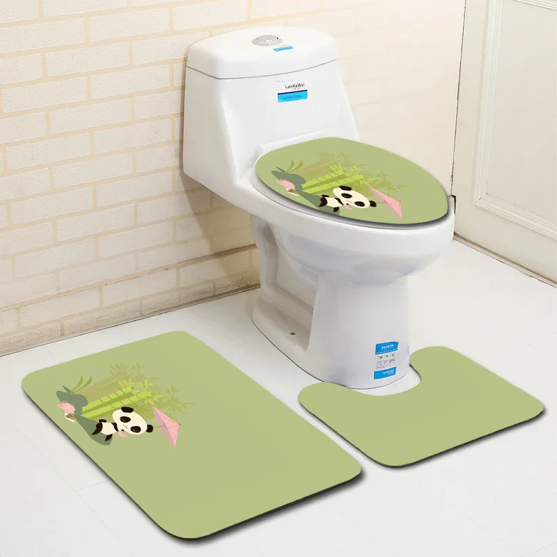 

Funny Panda Printed 3Pcs Toilet Bath Mats Set Absorbent Pedestal Rug Lid Toilet Cover Washable Bathroom Rugs Floor Carpets